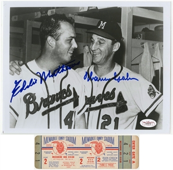 Eddie Mathews and Warren Spahn Dual Signed 8 x 10 Black and White Photograph with 1956 WS Ticket Stub (JSA)
